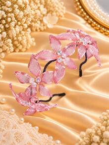 KOVLYNE 1 buah Bando Bunga Buatan Warna Pink, Bando Rambut Bunga Jala Logam, Dihiasi dengan Rhinestone Berkilau, Aksesori Rambut Gaya Peri Romantis, Cocok untuk Pernikahan, Pesta, Wisuda, Prom, dan Acara Spesial - Berwarna merah muda - View 3