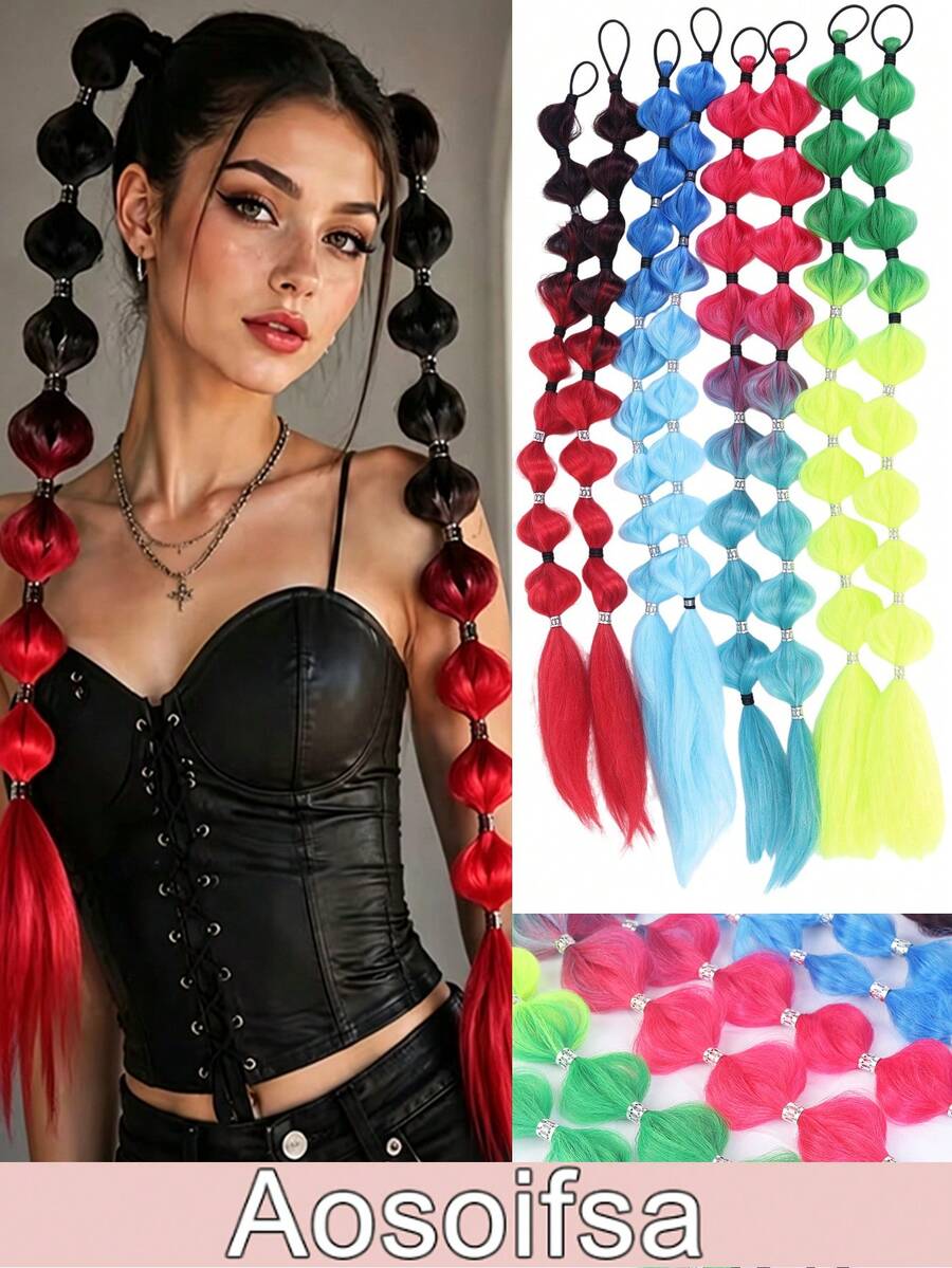 Braided Bubble Ponytail Hair Extension, Synthetic Color Gradient Bubble Boxing Braid With Elastic Band, Women Festival Rave Cosplay Hair Piece - Multicolor - View 1