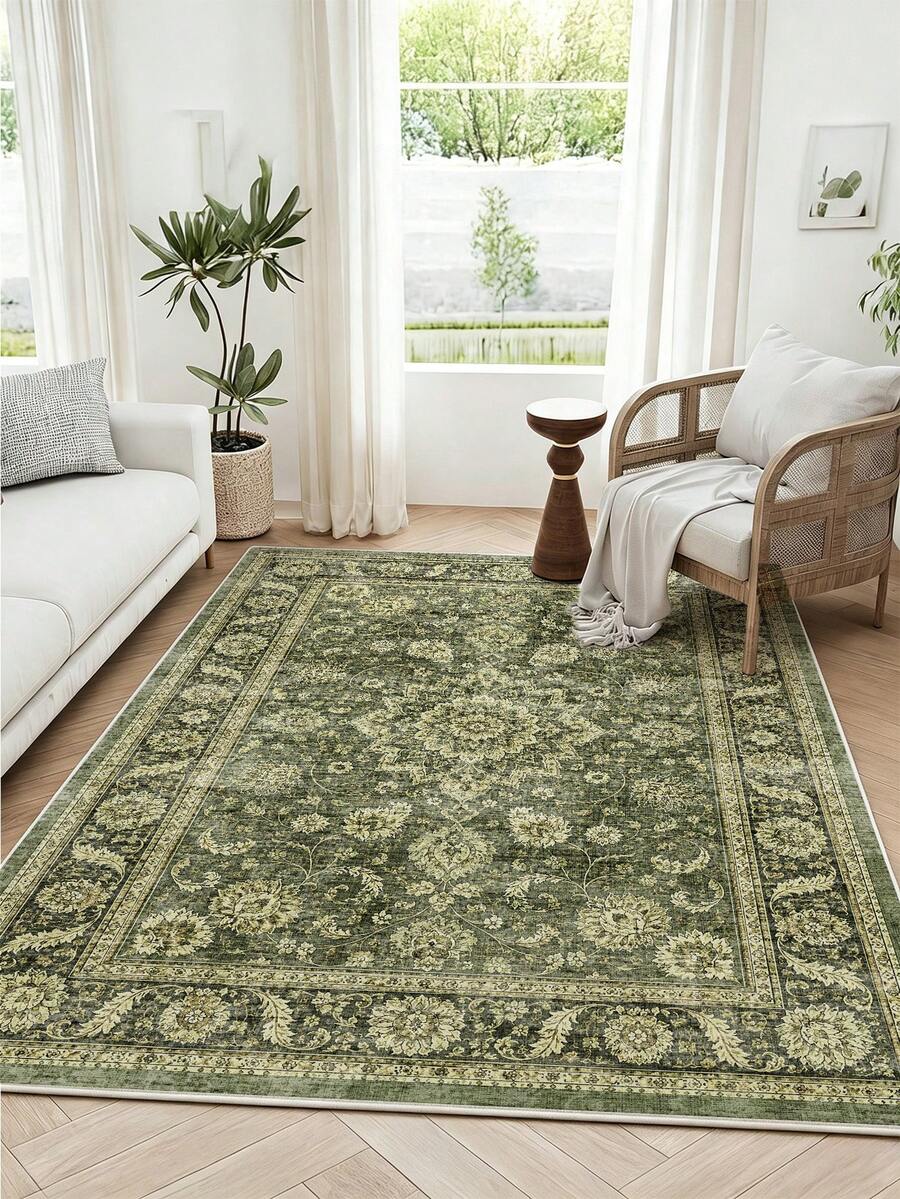 1pc Green Bohemian Floral Living Room Rug, Suitable For Living Room, Bedroom, Kitchen, Dining Room, Office, Room Decor And Doormat - Olive Green - View 1