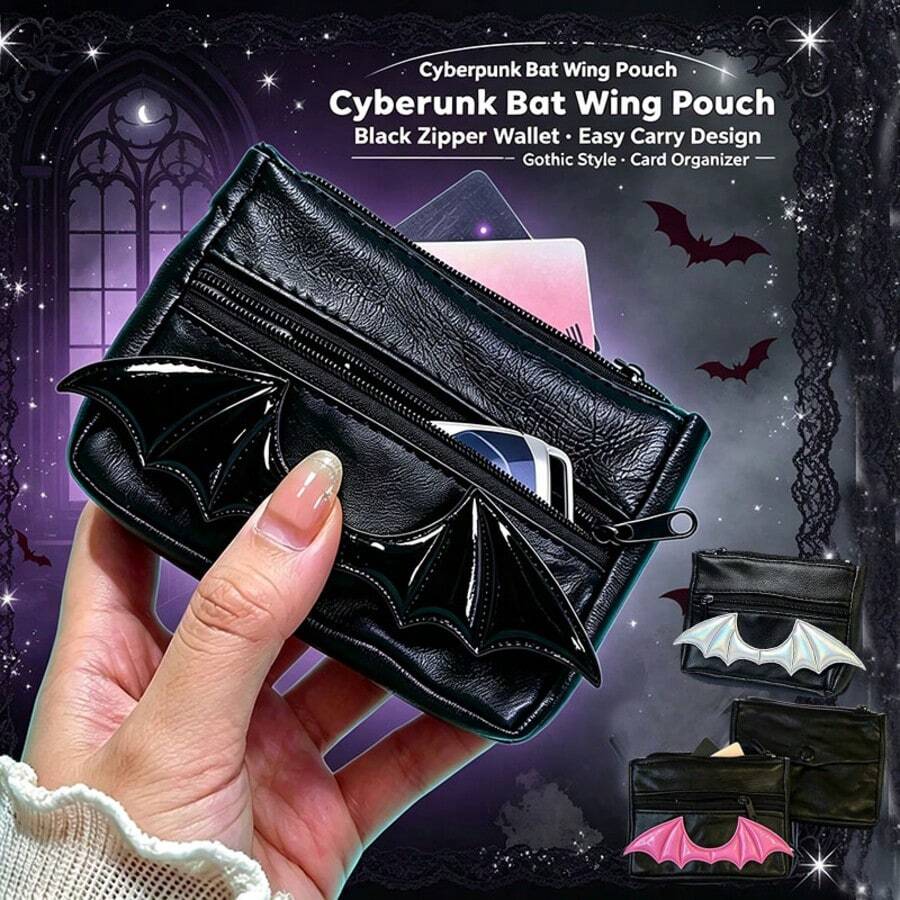 Y2K Gothic Bat Wing Women's Mini Wallet, Multi-Layer Card Holder, Multi-Zipper Coin Purse, Portable Key Fob Bag, Can Store Cards, Keys And Coins, Compact Daily Use Gothic Style Handheld Storage Bag