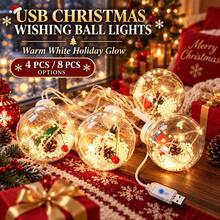 USB Christmas Ball Lights, 4pcs/8pcs Options, Warm & Colorful Light Choices. Ball Interior Features Christmas Tree, Santa Claus, Gift Box, Snowman, Pine Cone, Snowflake Christmas Decorations, Transparent Ball Design Exquisite & Cute, Full Of Atmosphere. USB Powered, Plug & Play, Easy To Use, Convenient To Hang. Light String Equipped With Multi-Mode Dynamic Lighting, Constant, Flashing, Gradient Switching At Will. - USB Christmas Ball Lights - View 3