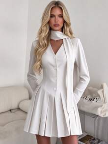 Women's White Pinstripe Tie Neck Slim Fit Front Button Pleated Mini Dress - White - View 1