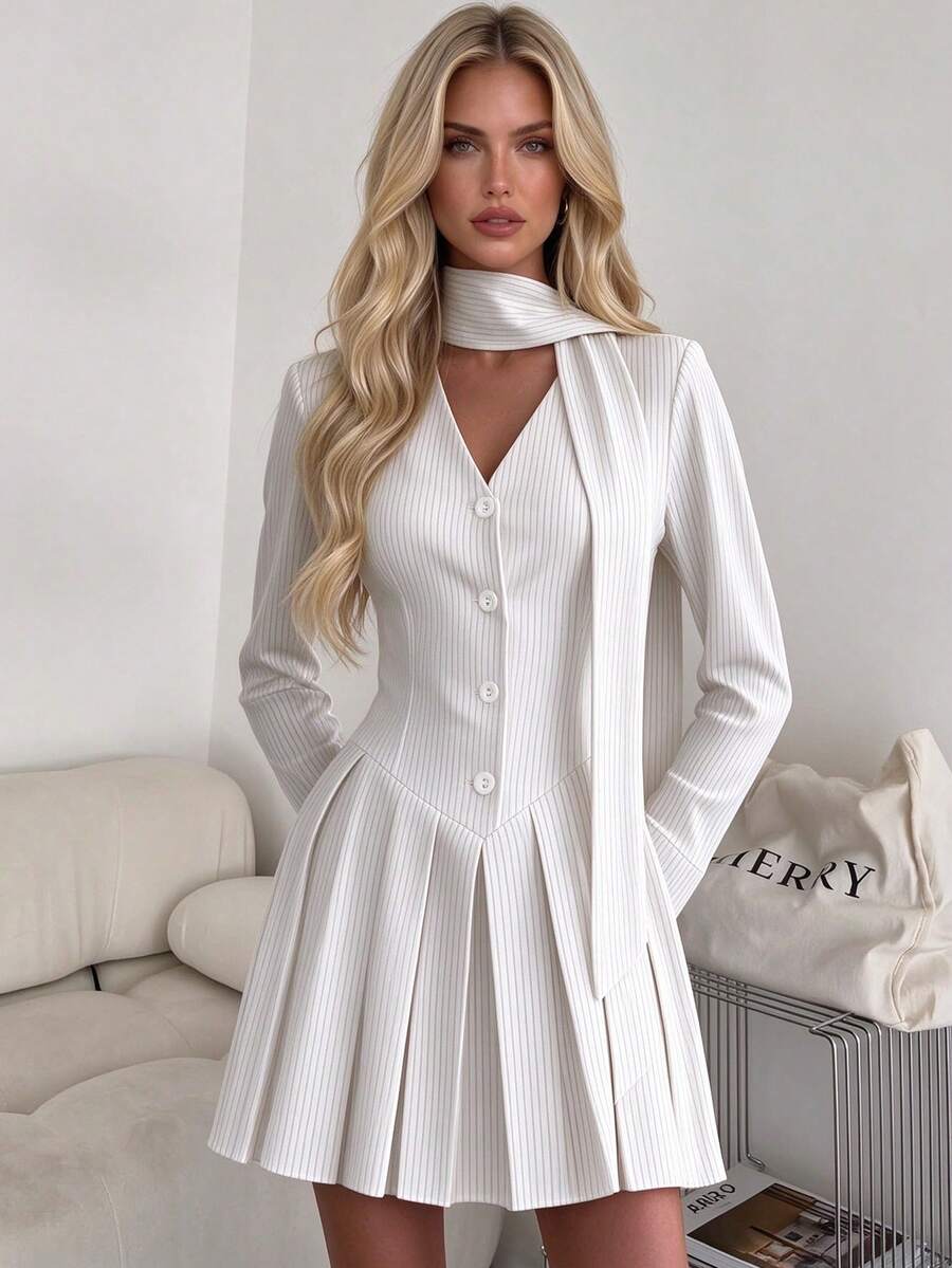 Women's White Pinstripe Tie Neck Slim Fit Front Button Pleated Mini Dress - White - View 1