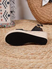 Women's Wedge Platform Sandals, Thick Sole Sandals, Straw Rope, Suitable For All Seasons, Vacation, Party, Casual, Beach - Black - View 7