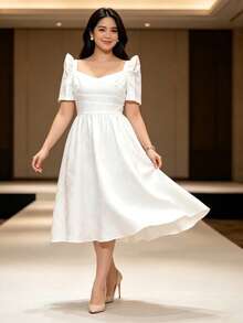 Elegant Women's Sweetheart Neckline Short Sleeve Dress - White - View 3