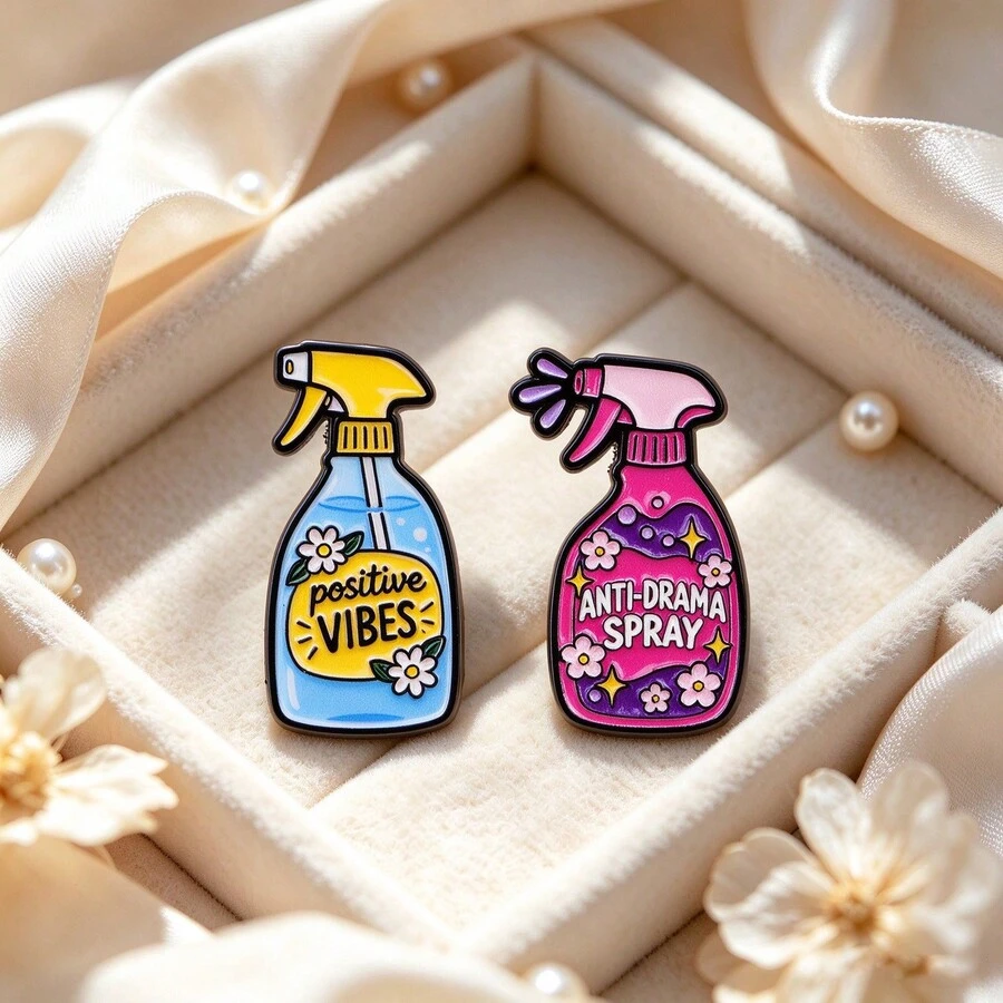 Funny Spray Bottle Enamel Pins, Positive Vibes & Anti-Drama Spray Quote Lapel Brooches, Cute Floral Badges For Jacket Backpack Hat, Unique Gift