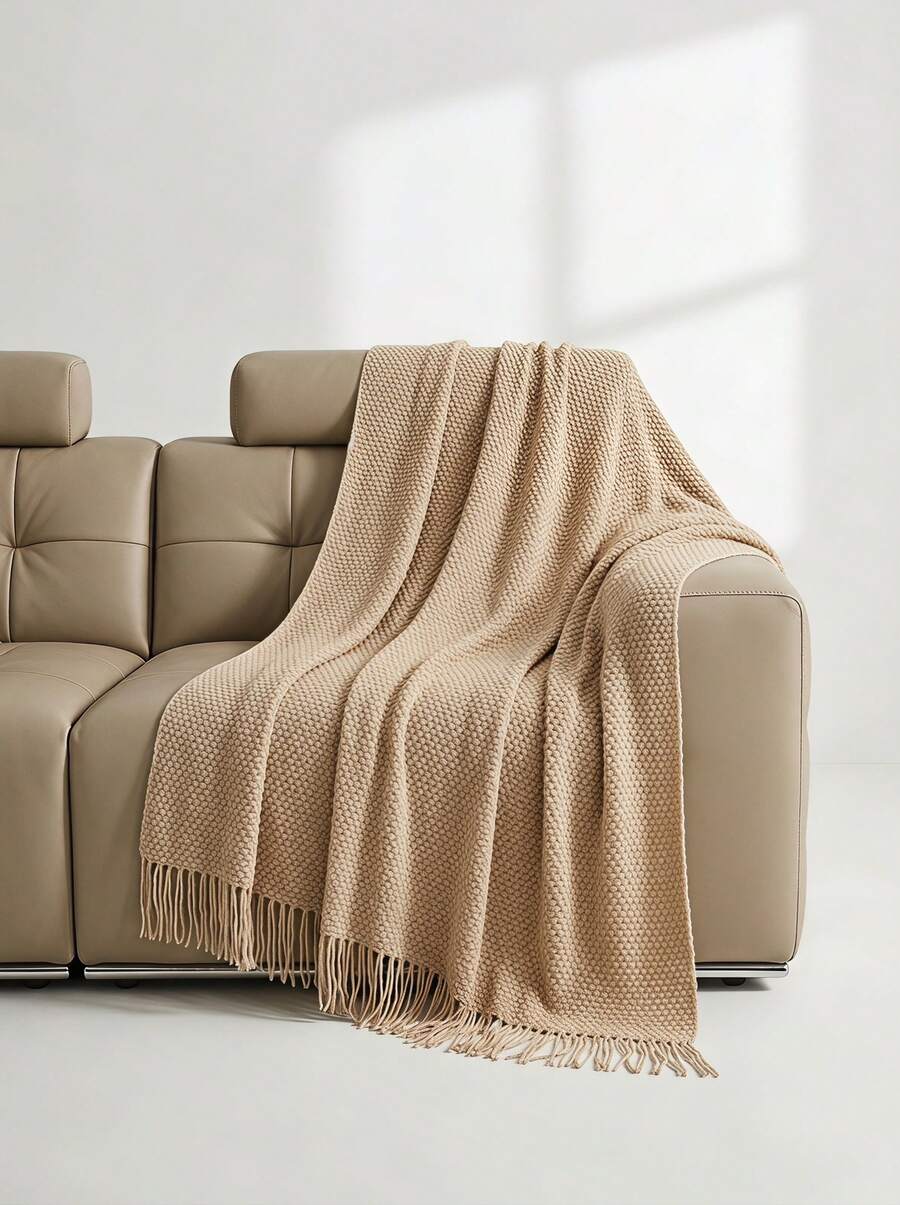 Veyra Day Solid Color Knitted Blanket, Nordic Style Rectangular Office Nap Sofa Blanket, Air Conditioning Blanket, Knitted Blanket, Throw Blanket - Khaki - View 1