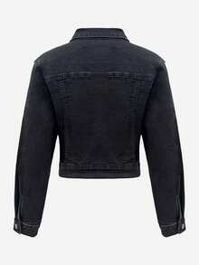 Women's Black Washed Denim Jacket, Lapel Collar, Long Sleeve, Button Front, Pockets, Cropped, Stretch Fabric, Suitable For Autumn Wear - Black - View 3