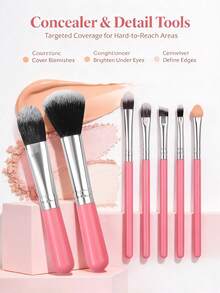 8pcs Makeup Brush Set, Foundation Brush, Blush Brush, Eyeshadow Brush, Contour Brush, Powder Brush, With Triangle Powder Puff, Mini Makeup Set, Portable Beauty Tools - Pink - View 6