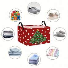 1PC Red Polka Dot Cartoon Christmas Tree Print Storage Basket With Handles, Large Capacity Festive Holiday Home Organizer Bin For Gifts, Toys, Decorations, Laundry, Household Use, Multi-Purpose Cute Portable Container For Christmas - Red - View 6