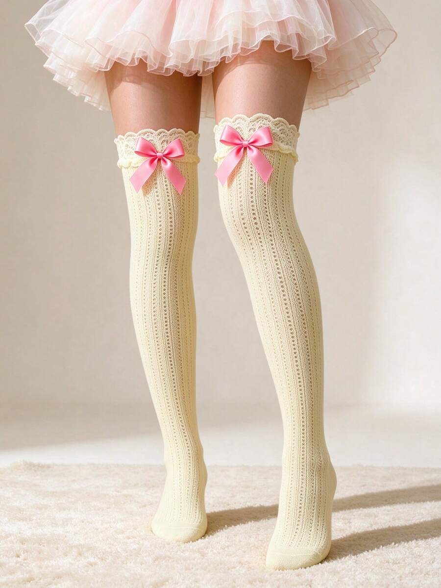 1 Pair Plus Size Bow Lace Trim Over-Knee Socks, Cutout & Stretchy For Parties, Must-Have - Multicolor - View 1