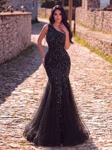 Women's Glamorous Green Sequin Formal Evening Dress With Sleeveless Asymmetrical Neckline And Flowing Mermaid Hem, Perfect For Prom Nights - Black - View 1