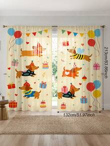 2Pcs Cartoon Dachshund Birthday Party Print Pattern Curtains, Fun Cartoon Semi-Sheer Rod Pocket Window Decor, Suitable For Living Room And Bedroom, Rod Not Included, Machine Washable - Dachshund - View 17