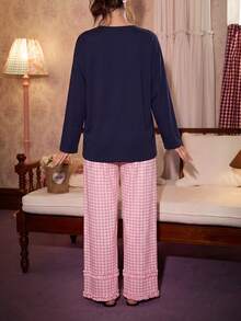 Gongdie 2pcs Disney Marie Women's Pajama Set, Autumn Pink Plaid Soft Cotton Loungewear With Pockets And Ruffle Trim - Royal Blue - View 7