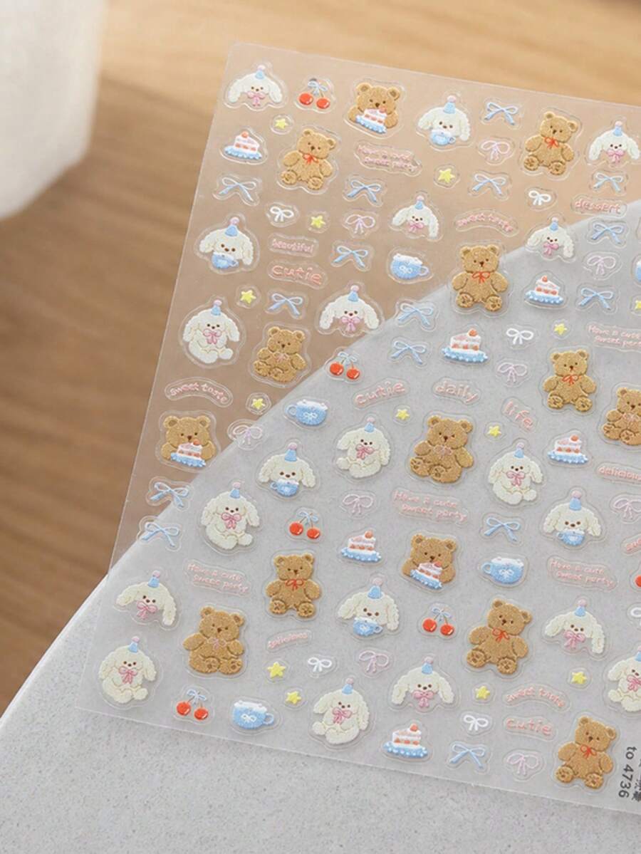 1件 3D浮雕卡通熊與小狗美甲貼紙,甜美蛋糕蝴蝶結櫻桃設計美甲自黏裝飾 - 彩色 - 查看 1