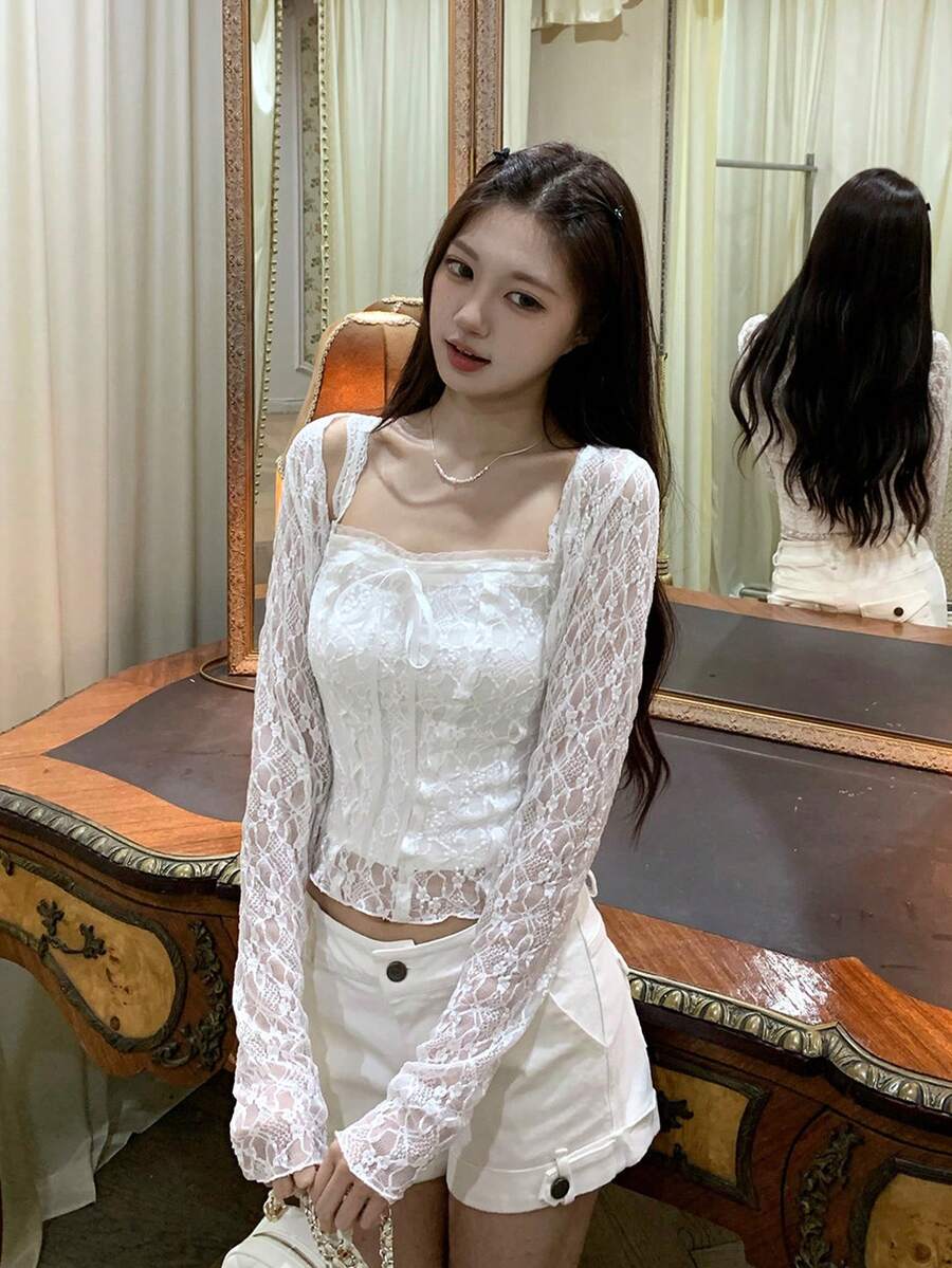 Elegant Lace Camisole Tank Top 2 Pieces Set - White - View 1