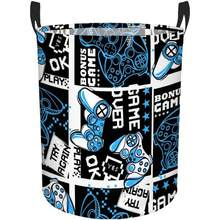 Game Controller Patchwork Print Round Storage Basket, Large Laundry Basket With Handles, For Teen Boys Room Organization, Dirty Clothes And Toy Storage, Gaming Bedroom Decor, Perfect For Graduation, Father's Day Gift, Dorm Room Decor - Teal Blue - View 8
