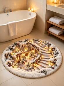 1pc Winter Christmas Magic Castle Round Rug, Snowy Ancient Castle Christmas Tree Night Scene Pattern, Thick Anti-Slip Bedroom Bedside Holiday Mat, Bedside Rug, Decorative Rug, Welcome Mat, Rug, Floor Mat, Outdoor Door Mat, Kitchen Home Decor, Front Door Mat, Area Rug, Outdoor Mat, Home Decor, Garden Rug, Washable Rug - Multicolor - View 2