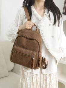 燈芯絨後背包，復古休閒日用包，大容量學生書包，女性通勤旅行包 - 棕色 - 查看 2