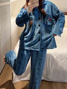 Gongdie 2pcs Disney Mickey Women's Fleece Pajama Set, Blue Plush Loungewear For Autumn/Winter, With Tassel Trim And Pockets - Blue - View 3