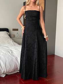Unadoll Women's Autumn Black Floral Jacquard Spaghetti Strap Backless Tie A-Line Maxi Dress, Suitable For Parties, Wedding Guests And Date Nights - Black - View 3