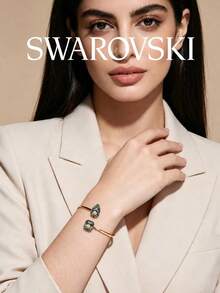 SWAROVSKI Open Cuff Bracelet With Teardrop Square Crystal Dual-Color Design, Women's Jewelry Gift For Girlfriend - Gold + Green - View 6