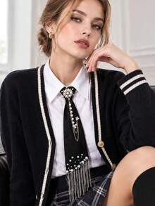 Women's Adjustable Tie-Free Necktie With Chain Decoration Bow, College Style Design, Suitable For School Uniform, Office, Party And Daily Wear, Hand Washable - Applicable To Uniform, Casual And Professional Attire - Multicolor - View 2