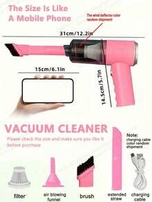 YAIUZGOO Portable Mini Car Vacuum Cleaner, 2-In-1 Handheld Vacuum & Air Blower, Cordless Rechargeable Dust Cleaner With Multiple Nozzles, Wet & Dry Cleaning Tool For Car Interior, Home, Keyboard, Sofa And More, Compact Car Essentials - Pink Body + Filter + Ultra-a Transparent Cover - View 11