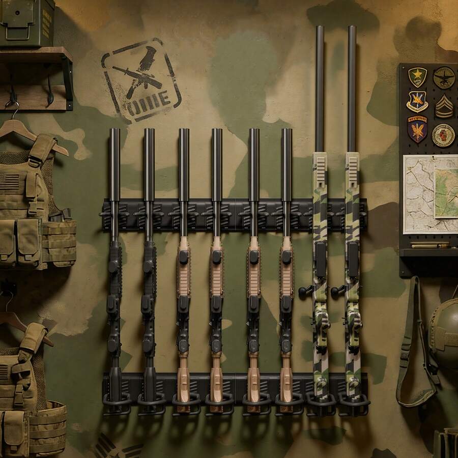 Estante de Montaje en Pared para Armas de Fuego, Capacidad de 8 Escopetas, Soporte de Almacenamiento para Rifles, Ganchos Ajustables, Acero al Carbono, para Exhibición Garaje Taller Tienda Hogar - Negro - Ver 1