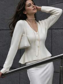 minisummer Women Elegant Fall V Neck Knit Cardigan, Long Sleeve Gold Button Peplum Hem Ribbed Knit Jacket, Basic Casual Daily Office Fall Outfits - White - View 1