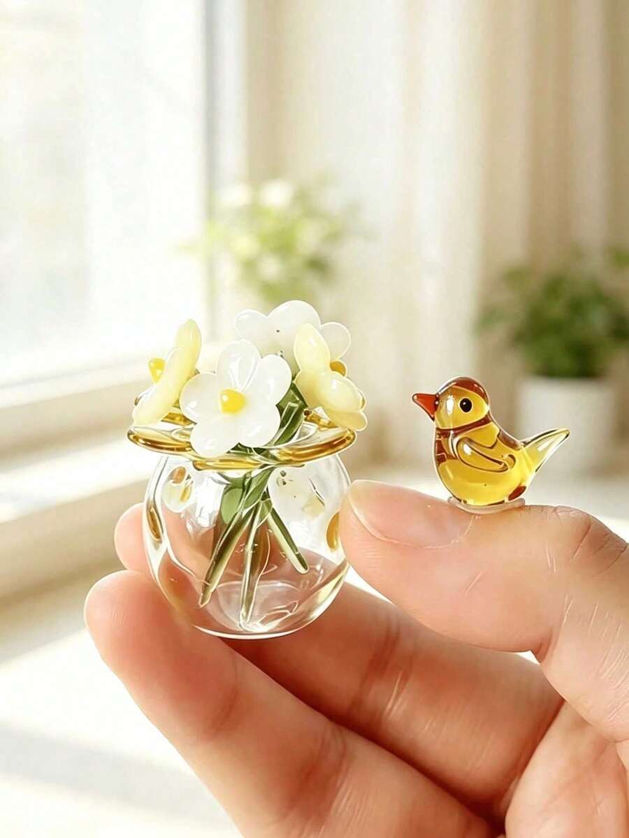 Handmade Mini Glass Bird & Floral Ornament Set, Miniature Art Glass Decor With Mini Bench, Micro Landscape Desktop Bookshelf Terrarium Decoration, Collectible Gift For Craft Enthusiasts And Home Decor Lovers - Multicolor - View 1
