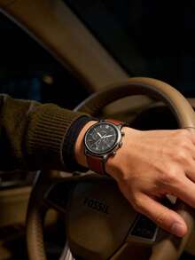 Fossil Unisex Chronograph Watch For Men, Grey Dial, Brown Leather Strap, Model FS5512 - Black - View 8