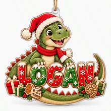 2D Flat Acrylic Christmas Ornament, Cartoon Dinosaur Wearing Christmas Hat With Customized Name Pendant, Christmas Tree Holiday Decoration - B - View 1