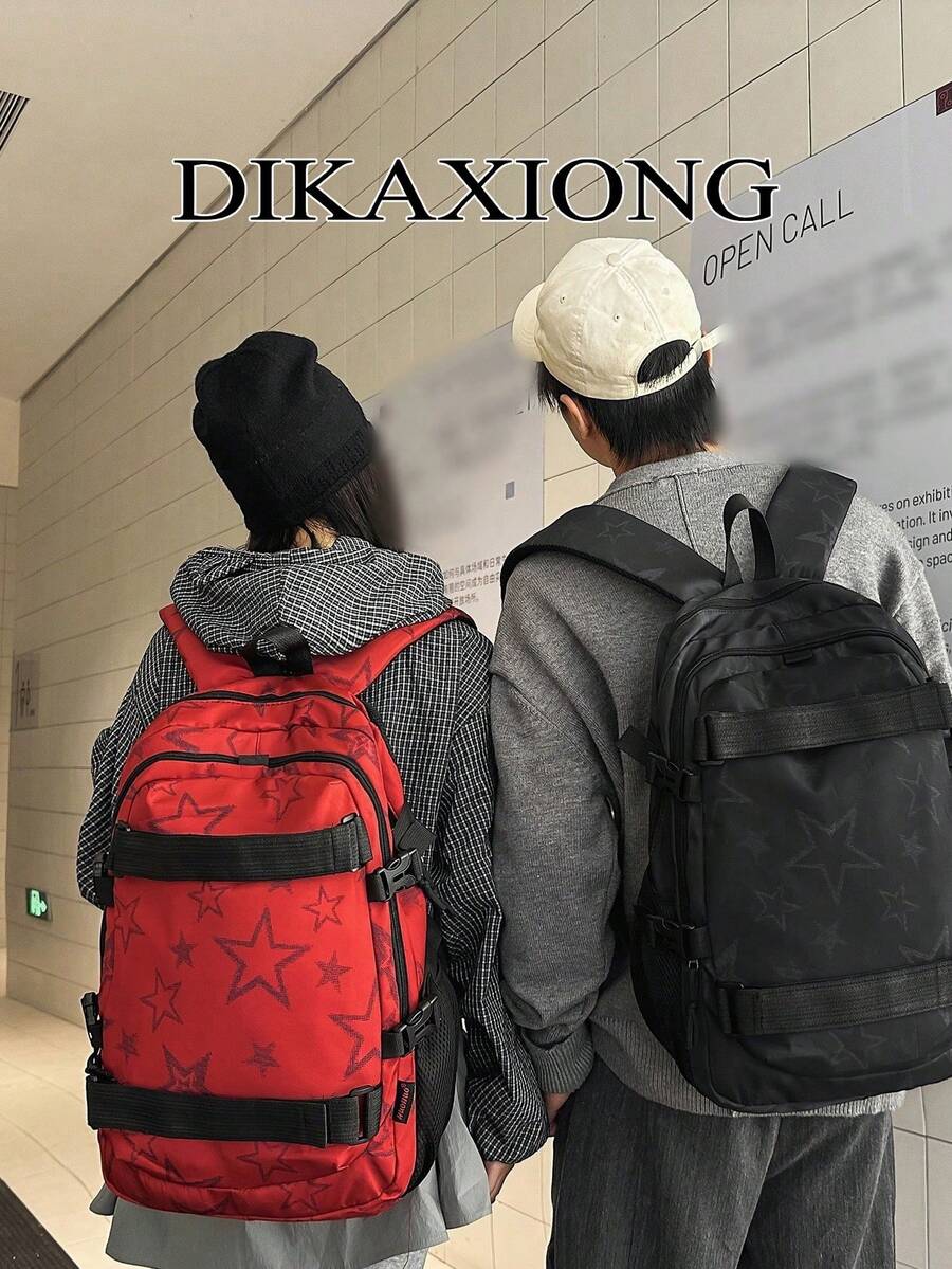 Men Daily Rucksack + Y2K Star Printed Backpack + Multiple Side Pockets + School Weekend Hiking + Dark Black Solid Tone Webbing Detail - Multicolor - View 1