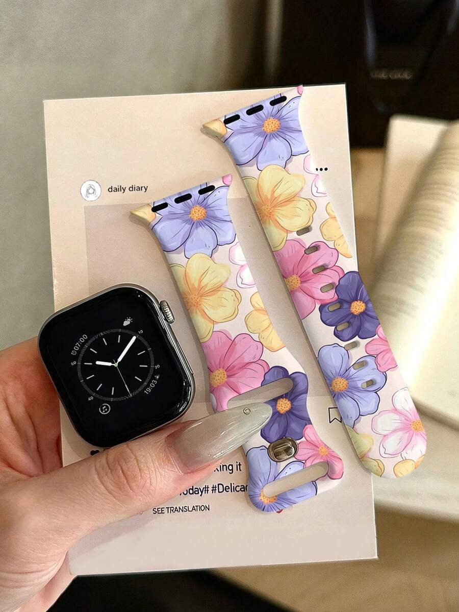 1件彩色花卉圖案矽膠手錶錶帶，兼容 38mm 40mm 41mm 42mm 44mm 45mm 46mm 49mm，豐富多巴胺花卉設計，舒適可替換防水錶帶，適用於 Series 12 Ultra3 Ultra 2 SE3 S11 10 SE2 9 8 7 SE 6 5 4 3 2 1，時尚女性智慧手錶錶帶 - 彩色 - 查看 1