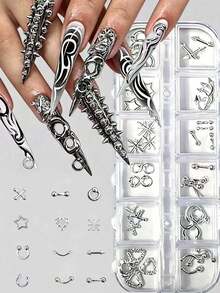 12-Grid Gothic Style Nail Art Decorations 3D Punk Y2K Silver Metal Rivets Star-Shaped Bullet Studs Alloy Pierced Punk DIY Nail Decor Suitable For Home And Nail Salon - Multicolor - View 1
