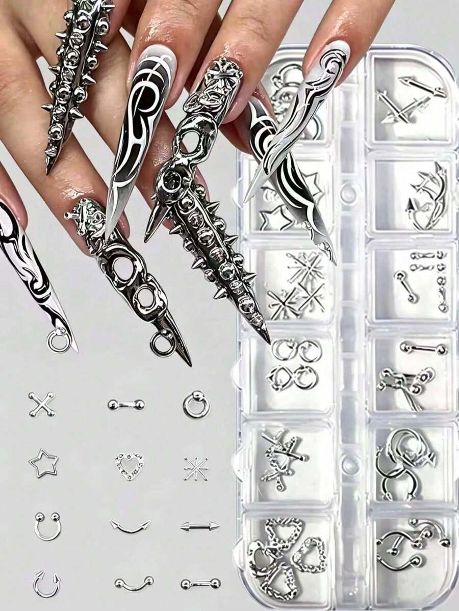 12-Grid Gothic Style Nail Art Decorations 3D Punk Y2K Silver Metal Rivets Star-Shaped Bullet Studs Alloy Pierced Punk DIY Nail Decor Suitable For Home And Nail Salon - Multicolor - View 1