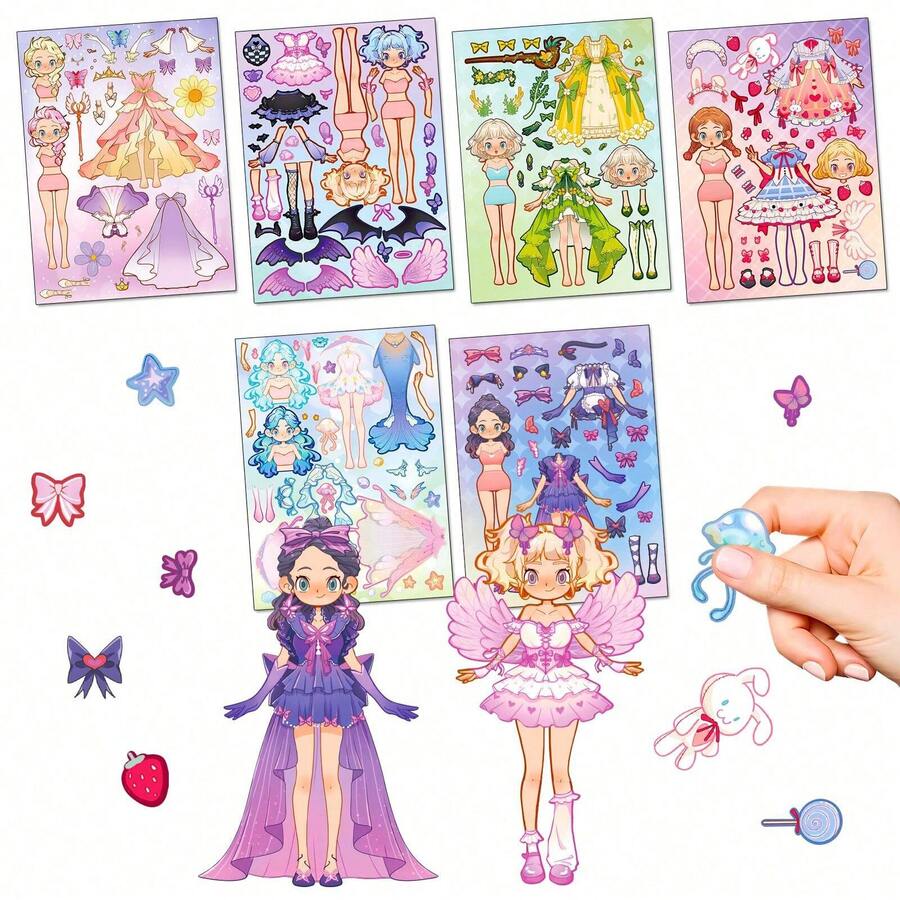 6 Sheets Princess Dress-Up Puzzle Stickers For Girls, DIY Fashion Doll Mix & Match Sticker Pages With Customizable Outfits, Hairstyles, Wings And Accessories, Party Favors For Kids Craft Activities - Multicolor - View 1