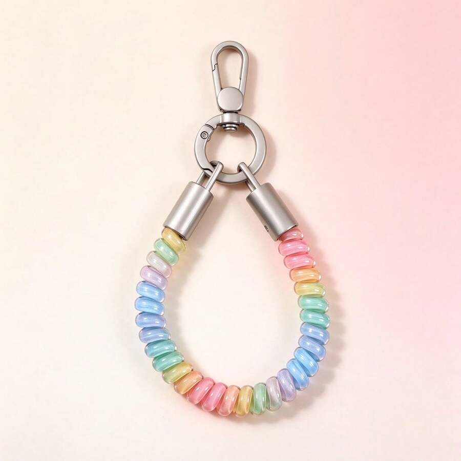 1Pc Cute Y2K Pastel Beaded Keychain, Aesthetic Rainbow Resin Wristlet Strap, Kawaii Coquette Charm - Multicolor - View 1