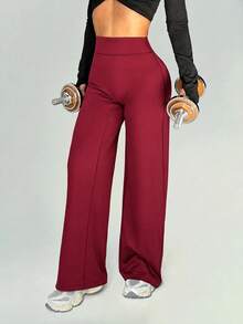 Women's Casual Sports Pants, High Waist Tummy Control Butt Lifting Basic Wide Leg Pants, Suitable For Yoga, Running, Training, Daily Wear - Burgundy - View 6
