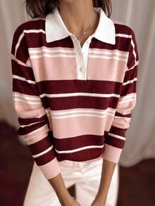 SUNSTORY Women's Autumn American Style Color Block Striped Polo Collar Pullover Sweater, Casual Outing Top For Commuting, Shopping, College Back To School Season - Multicolor - View 3