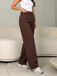 Hot Selling American Casual Basic Commuting Washed Khaki Women's Jeans - Brown - View 5