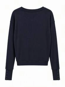 V-Neck Knit Pullover Top With Cuff Button Design, Casual - Dark Blue - View 3