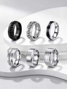 6PCS Stainless Steel Men's Rings, Rotatable Chain Rings, Men's Jewelry Accessories, Anniversary Gifts For Men, For Daily And Party Wear - 6 Pieces - View 1