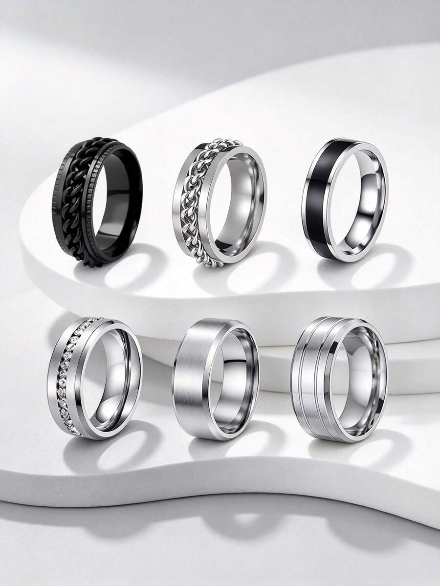 6PCS Stainless Steel Men's Rings, Rotatable Chain Rings, Men's Jewelry Accessories, Anniversary Gifts For Men, For Daily And Party Wear - 6 Pieces - View 1