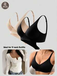 2pcs Women's Deep V Bras,Push-Up Suitable For Various Daily Wear,U-Back, Seamless Wireless Removable Pads & Adjustable Straps - Multicolor - View 11