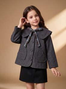 Young Girls Autumn/Winter Vintage Reversible Wool Blend Heart Pocket Crew Neck Jacket + Detachable Large Lapel Plaid Bow Tie Casual Jacket - Grey - View 2
