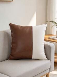 1pc/2pcs Color Block Square Throw Pillow Cover, Brown Faux Leather & White Fabric Pillowcase, Sofa Cushion Cover, Farmhouse Home Decor, Living Room Sofa Home Decor, Pillow Insert Not Included - Brown - View 3