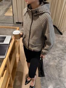 Women's Overcoat, Vintage Houndstooth Pattern, Zipper Hooded, Commute Minimalist, Casual Daily Wear, Warm And Comfortable, Autumn/Winter - Multicolor - View 11