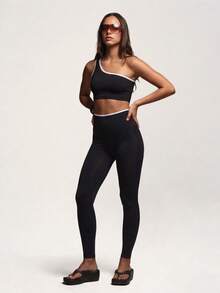 PinkTip High Waist Yoga One Shoulder Cropped Top And Leggings Set, Suitable For Gym, Pilates Practice And Street Wear - Black - View 3